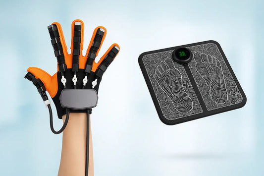 Close-up of two rehab devices on a light blue background: an orange-and-black robotic hand therapy glove and a black EMS foot massager pad with printed foot outlines.